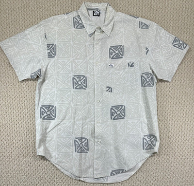 Vtg Quicksilver Hawaiian Shirt Mens M Khaki Beige Aloha Camp Made in USA 90s