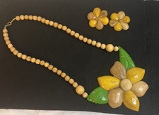 Hand Carved Wood Hawaii Plumeria Flower Pendant Necklace and earrings set
