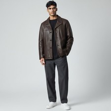 Mens J.Crew Dark Brown Vtg 90s Wool Lined Heavy Leather Jacket Size L