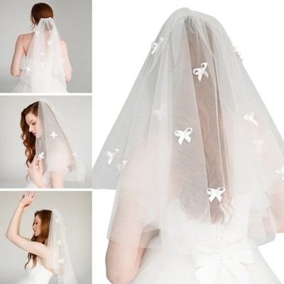 Unique White Tulle Bridal Veil Embellished with Bowknot Detail for Wedding Party