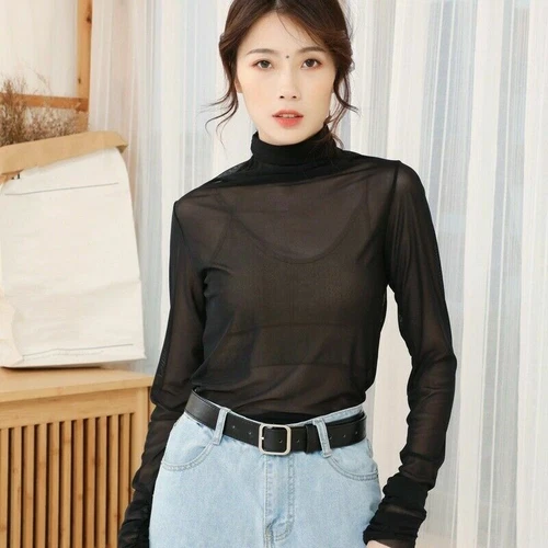 Lady Mesh Blouse See Through Sheer Casual Tops Long Sleeve Turtle Neck Thin Sexy - Picture 11 of 29