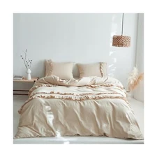 Simple&Opulence Ruffled Linen Duvet Cover Set 3Pcs with Vintage Shabby Chic M...