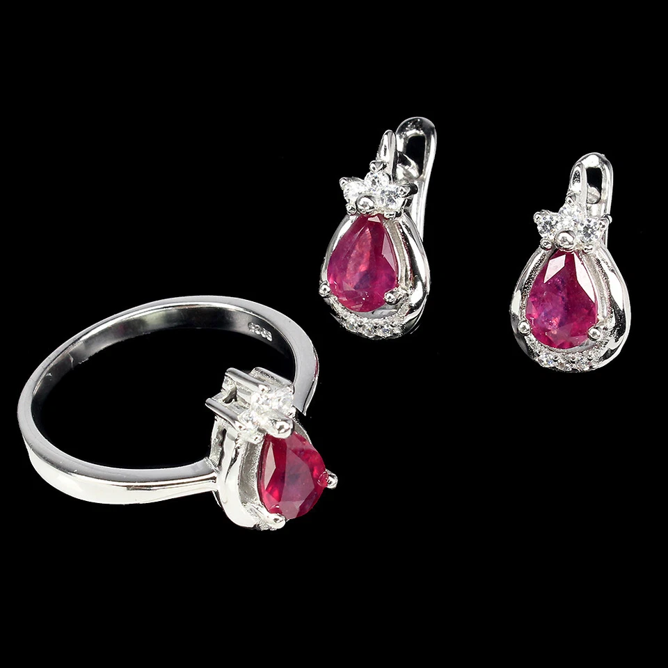 925 Argento Sterling Gioielli Set Pera Rubino 6x4mm Gemma Pietra Naturale - Immagine 2 di 4