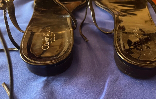 Black Patent Real Leather Flat Sandals Vintage Calvin Klein-Made in Italy 38/ 8 - Picture 7 of 9