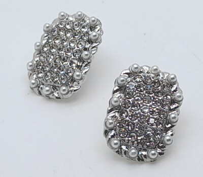 E001 FASHION OBLONG SHAPE SILVER PIERCED RHINESTONE FAUX PEARL JEWELRY EARRING
