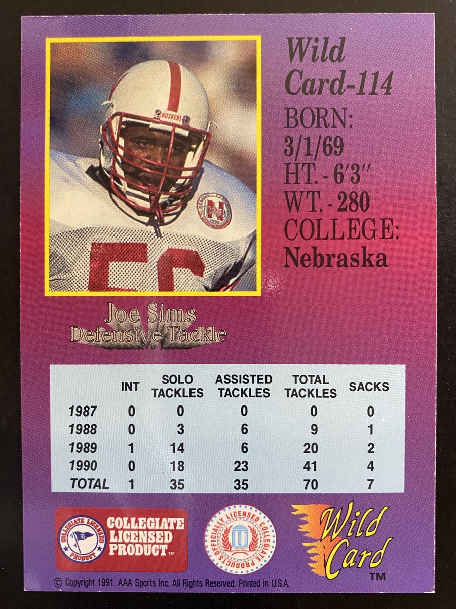 Joe Sims 1991 Wild Card Draft Football 5 Stripe Nebraska