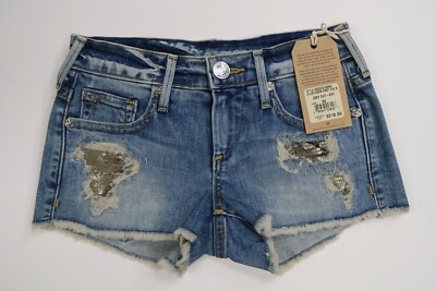 True Religion Joey Cut Off Jean Denim Metallic Sequins Low Rise