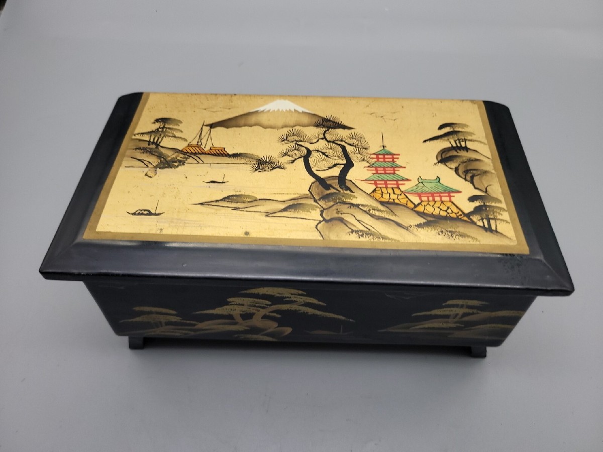 Vintage Japanese Black Lacquer Jewelry Music Box GOLD TOP | eBay
