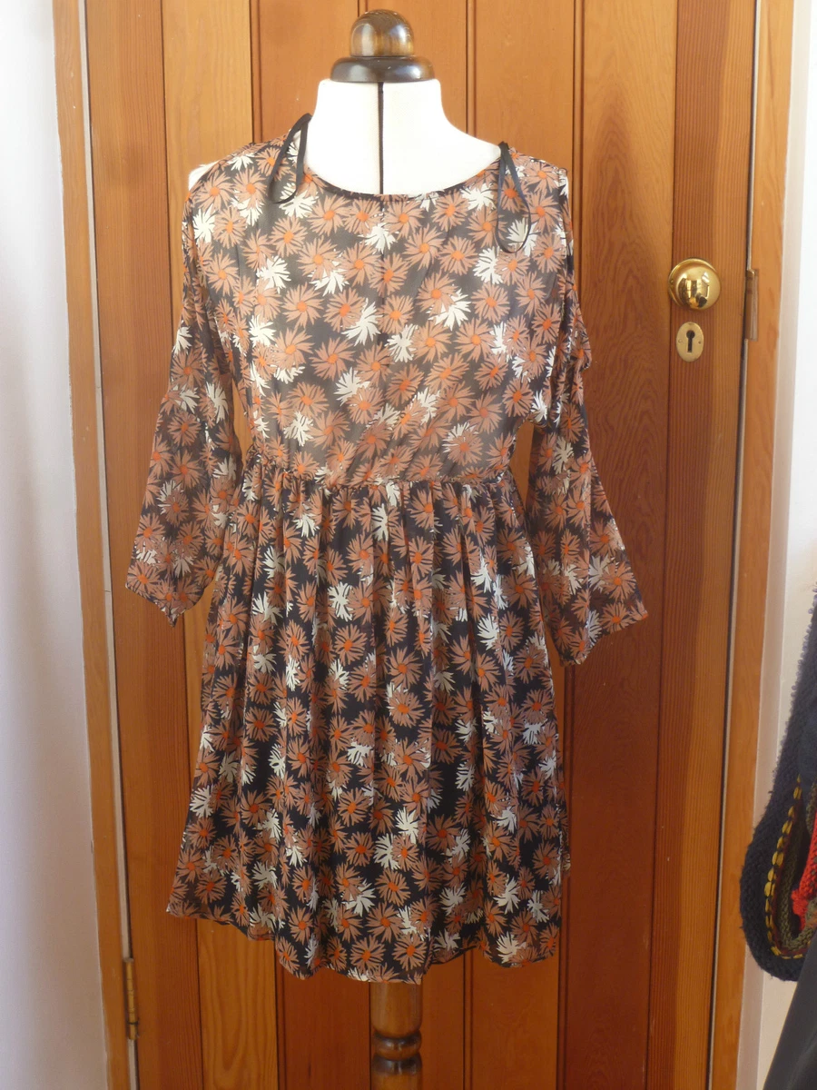 ATMOSPHERE PRIMARK BROWN FLOWERS FLOATY GATHERED LITTLE DRESS 8 10 12 14 CUT OUT
