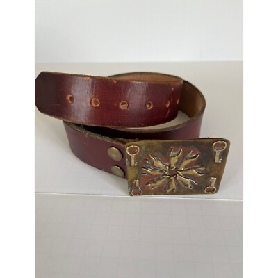 Vtg 1973 Handmade In Tlaquepaque Mexico Metal Belt Buckle Leather Belt 42 