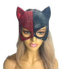 Rhinestone cat face Gato Masquerade Mask Mardi Gras Unisex - Black  Red