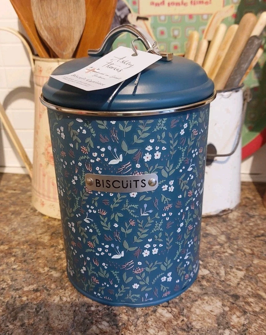 New Ashley Thomas biscuit canister caddy tin blue floral kitchen storage