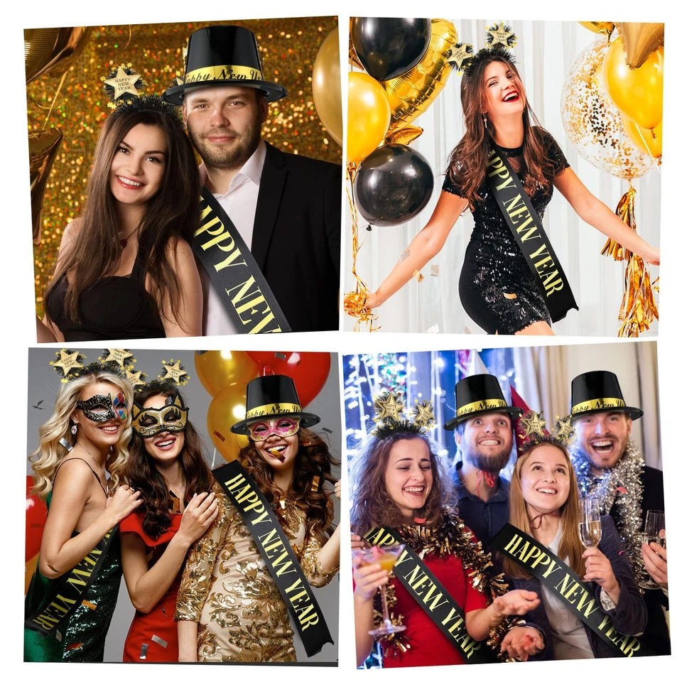3 Piezas 2025 Suministros de Fiesta de Nochevieja Negro Dorado Sombrero Feliz Año Nuevo Headba... Foto 4 de 4