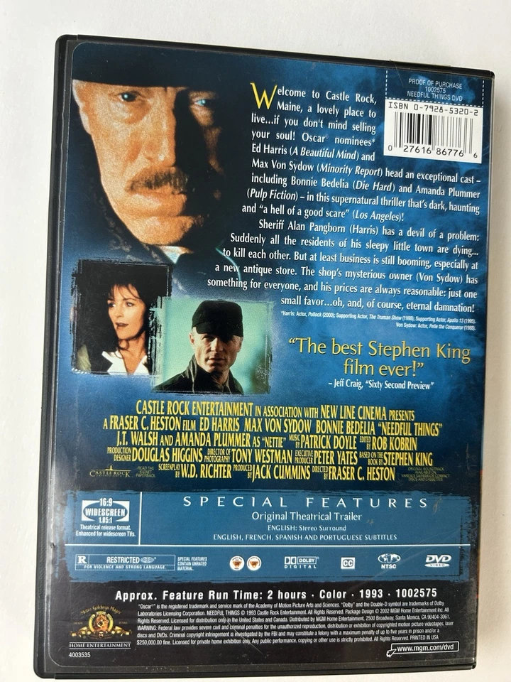 Needful Things DVD 1993 Stephen King Horror Ed Harris Max Von Sydow - Image 2 of 4