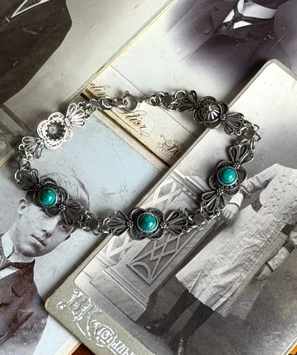 Vintage Bracelet 925 Sterling Silver with Green Stones Ornate Floral Design