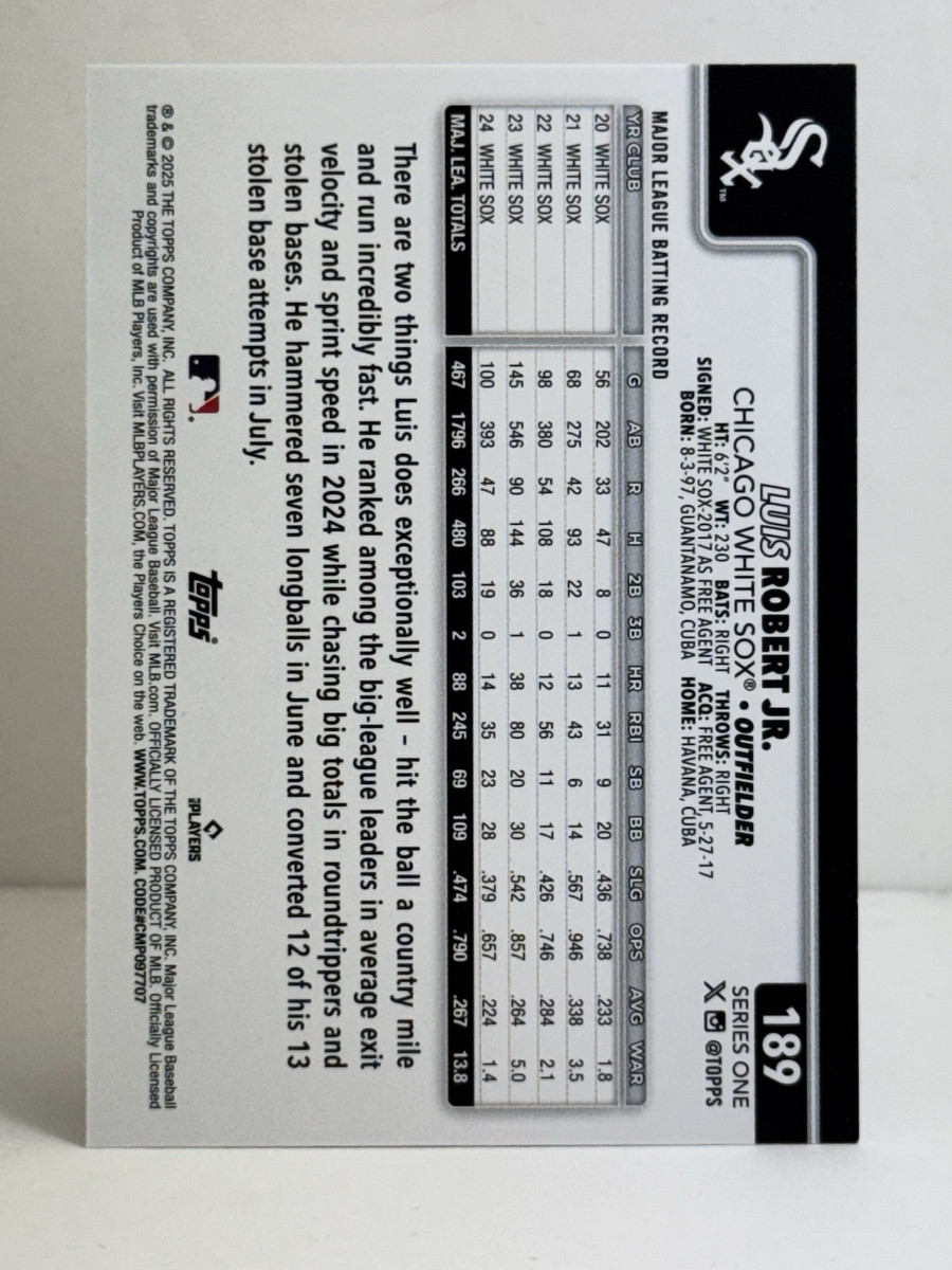 2025 Topps Series 1 Luis Robert Jr #189 Team Color Border SP 2025 Topps Series 1 Luis Robert Jr #189 Team Color Border SP