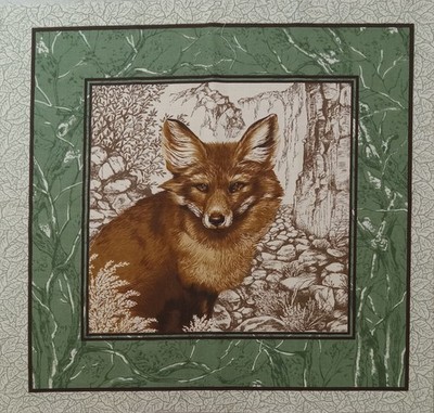 Vtg~Cranston~''Fox in Forest''~ Green Border ~ Cotton Fabric Panel ~ 15.75''x15.75''