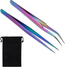 2PCS Sticker Tweezers, Tweezers for Crafting Straight and Curved Iridescence