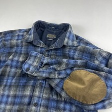 Pendleton Trail Shirt Mens Large Blue Plaid Flannel Elbow Patches Long Sleeve