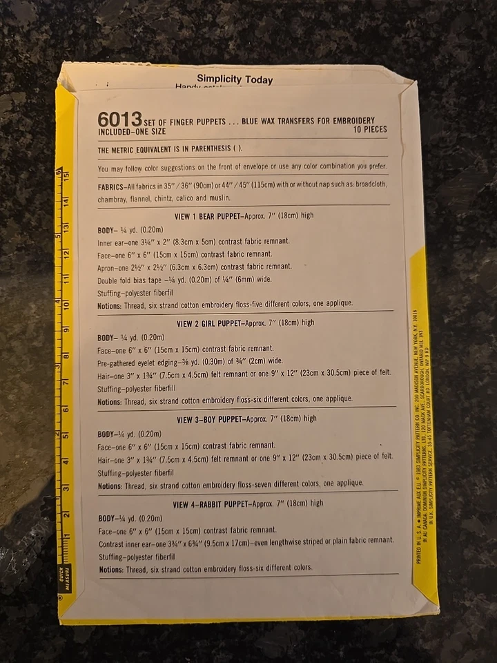 SIMPLICITY CRAFT PATTERN 6013 FINGER PUPPETS TO  MAKE   UNCUT VINTAGE 1983  FF - Image 2 of 2