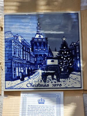 Royal Delft Christmas Tile 6'' 1978 '' The Binnenpoort'' w/ Box Coa Blue White Vtg