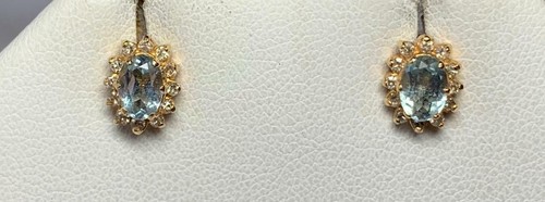 Aquamarine 24 Diamond Halo Earrings 14 Karat Gold Wedding Jewelry - Picture 6 of 12