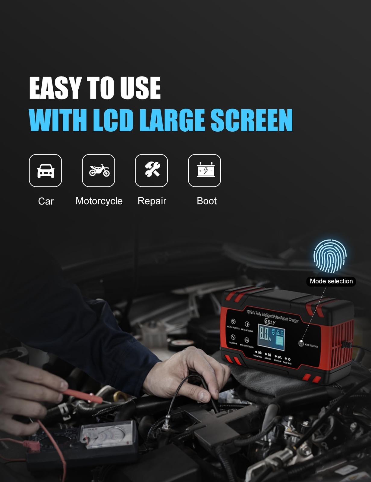 ABLY Battery Charger 8Amp 12V and 24V Automotive Trickle Charger for