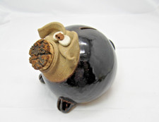 Vintage Big Piggy Bank Pottery Stoneware Pig Cork Nose Dark Brown Artist Signed