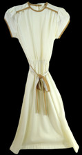 Vintage Lightweight Swing Dress Womens XS-S Cream with Brown Trim Tie Belt  EUC