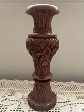 Intricate Hand Carved Floral Design Brown Wood Vase 12"Tall x 4" Round Unbranded