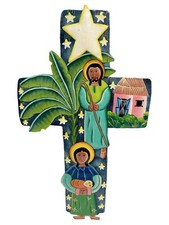 Hand Painted Folk Art Hammered Metal Cross Nativity Wall Hanging From Haiti