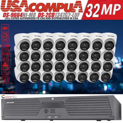 US Hikvision 32CH 32MP IP Security Camera System DS-2CD1347G2-LUF W/Audio Lot