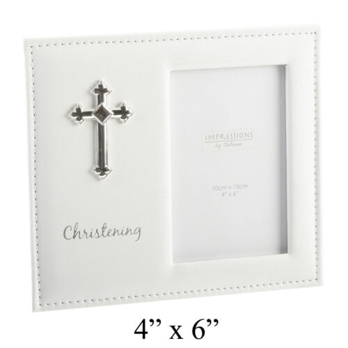 White PU Christening Boxed Photo Frame with Cross 4" x 6" , Great Gift! - Picture 1 of 1