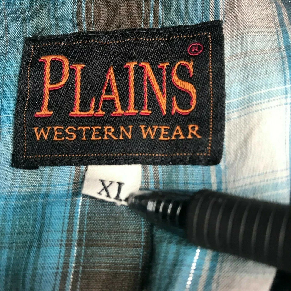 Plains Western Aqua & Black Size XL snap front silver metallic stitching plaid - Image 4 of 4