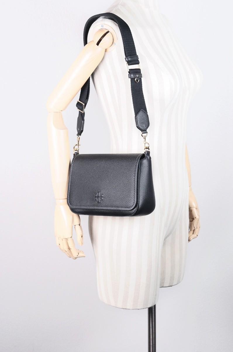 Tory Burch Thea Black Pebbled Leather Flap Crossbody Shoulder Bag