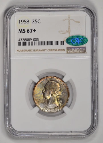 1958 Washington Quarter, Toned, NGC MS67+ Plus CAC, Only 1 Finer 25¢ in Registry