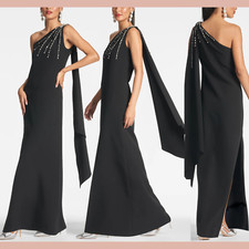 NWT SACHIN BABI 4 Leslie Beaded Drape One-Shoulder Crepe Gown Black Q1136