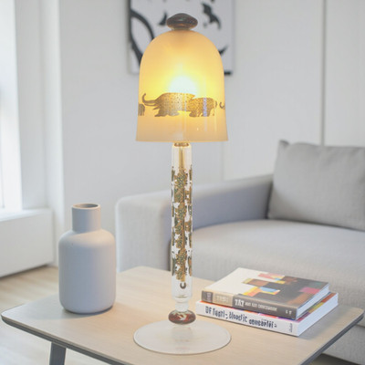 Art Deco Glass Table Lamp ''GOLDEN GREEN ELEPHANTS'' Hand-Painted Unique Rara