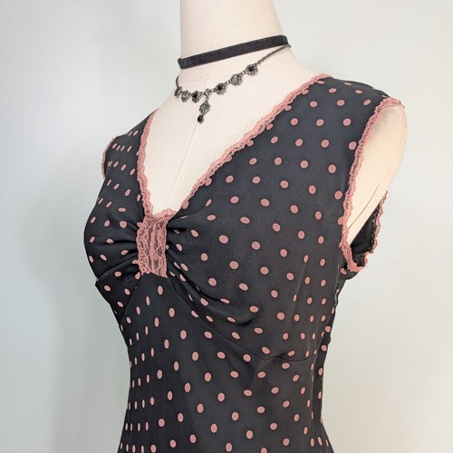 Vintage Eci Silk Dress 6 Black Pink Y2K 90S Polka Dot Coquette Feminine Lace - Picture 5 of 19
