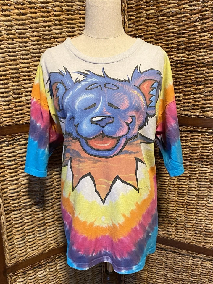 Vintage 1999 Grateful Dead Big Dancing Bear White Liquid Blue Tie Dye Boxy XL - image 2 of 4