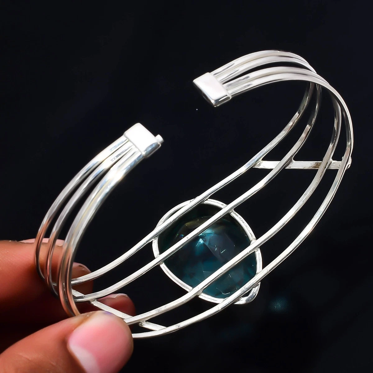 Blue Topaz Gemstone 925 Sterling Silver Handmade Bangle Jewelry Gift For Her