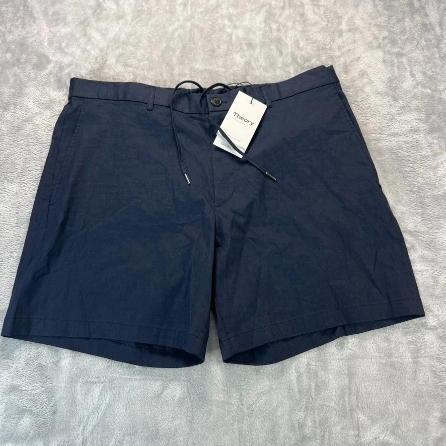 Theory Curtis Drawstring Shorts Good Linen Mens Size 38 Blue