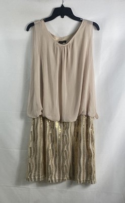 ILE Evening Women's Beige Gold Sequin Striped Blouson Dress Size 12 NWT