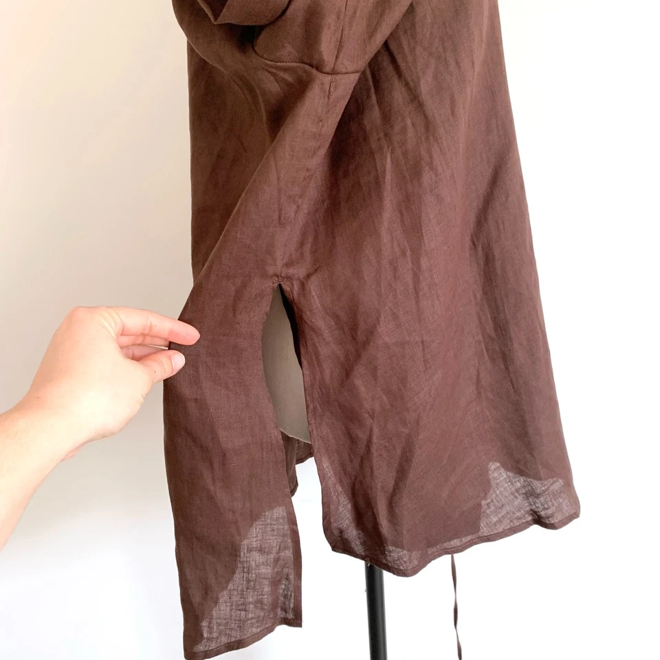 WITCHERY brown linen collared asymmetric wrap tie blouse shirt sz 18 - image 4 of 4