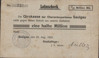 Saulgau Oberamtssparkasse 1/2 Million Mark Stempel