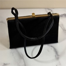 Black Satin Clutch Bag with Gold Frame and Handle Vintage look