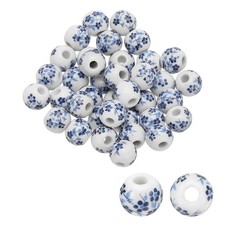 50 Pcs 10mm Porcelain Flower Beads for Jewelry Making, Cyan Floral