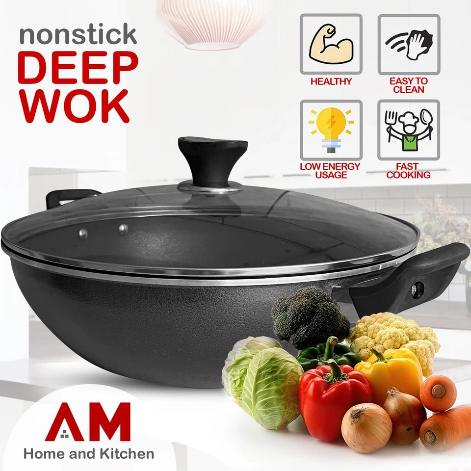 Wok a Induzione Antiaderente Da 36 Cm Con Coperchio, Versatile Padella Profonda, - Immagine 3 di 4