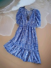 Pretty Cotton Blue White Floral midi Petite Maxi Floaty Summer Dress 14 16 18