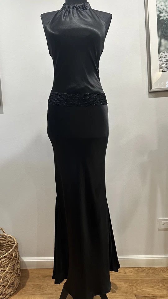 Vera Wang Maxi Gown Black US Size S Satin Halter Tie Low Back Drop Waist Dress - Image 2 of 4